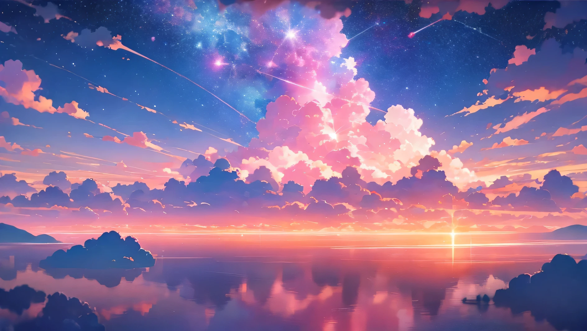 beautiful pink sea in the night with a lot of stars and clouds pink romantic and nostalgic rose gold
