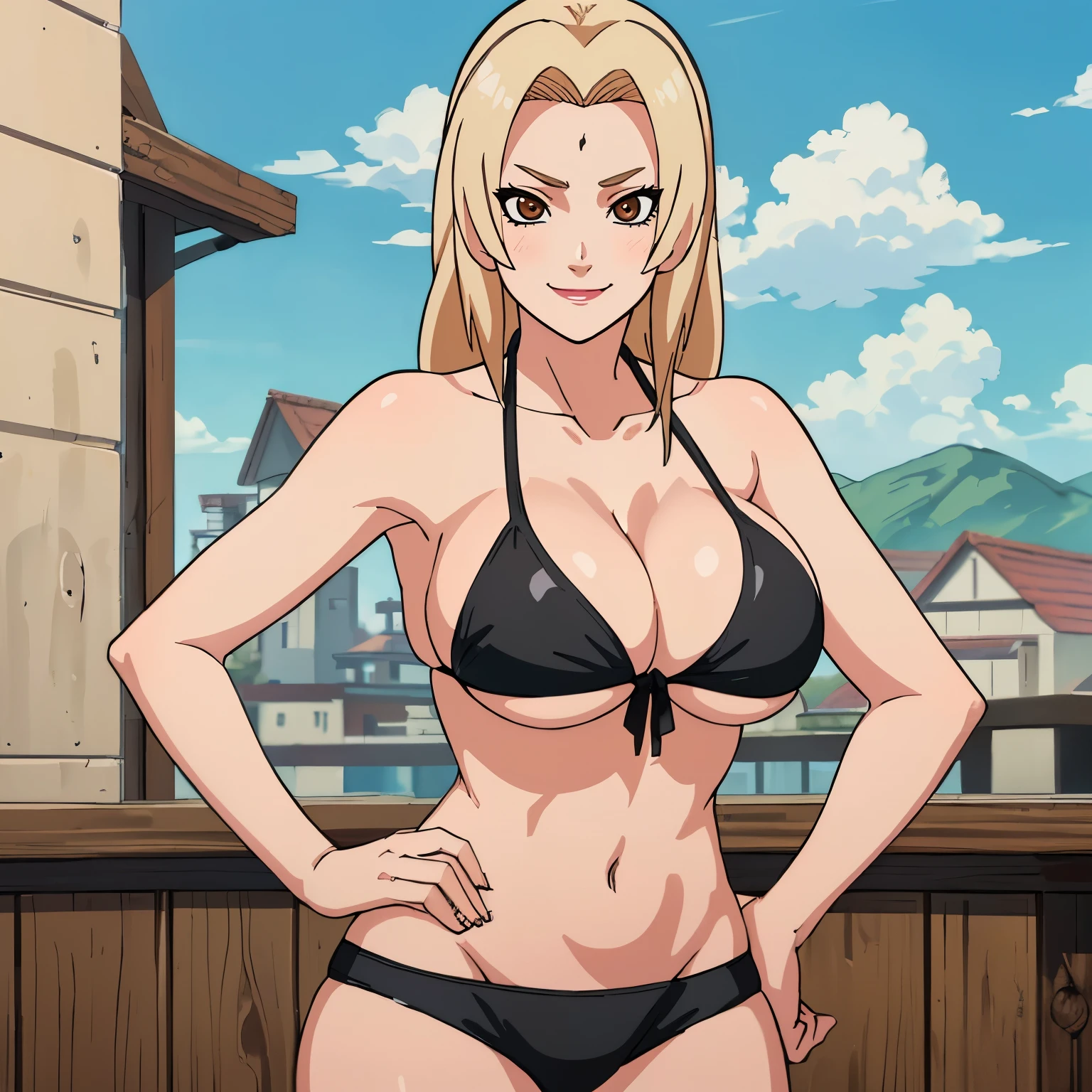 ((rizzinasterpiece, Best quality at best, (1girl), Tsunade Senju, Large breast,(cleavage)),Raised sexy,bikini ,smile,long blonde hair, (brown eyeballs:1.4),slim body , cowboy pose , sexy body