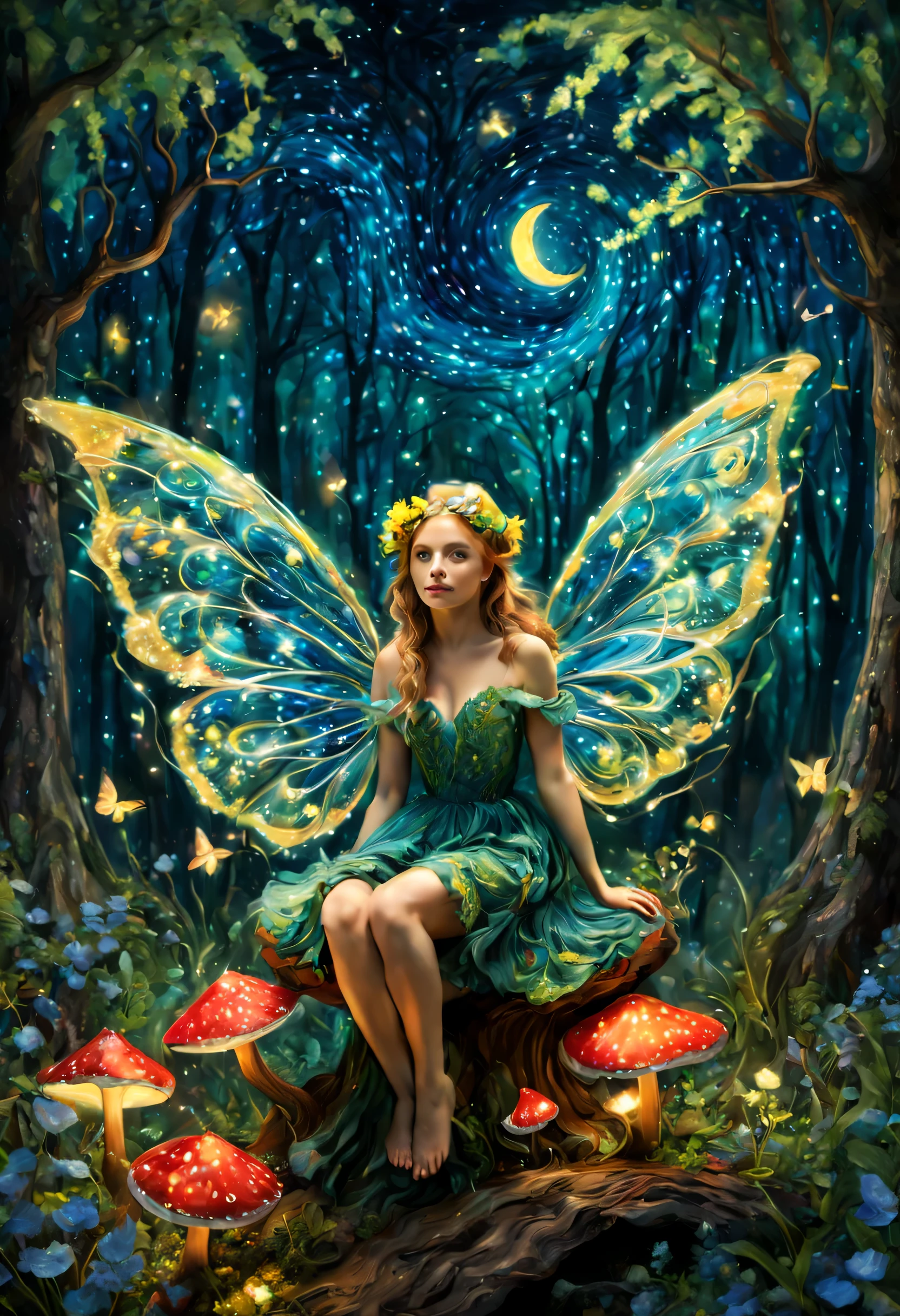 Forest fairy,Van Gogh-inspired brushstrokes,swirling starry night sky,iridescent wings,ethereal glow around fairy,delicate features,enchanted woodland setting,vivid greenery,impressionistic flowers,whimsical,playful pose,sitting on a toadstool,shimmering light particles,whirls of vibrant colors,expressionistic nature elements,artistic texture and depth,soft moonlight filtering through trees,(best quality,4k,8k,highres,masterpiece:1.2),ultra-detailed,HDR,UHD,studio lighting,sharp focus,physically-based rendering,extreme detail description,professional,vivid colors,bokeh