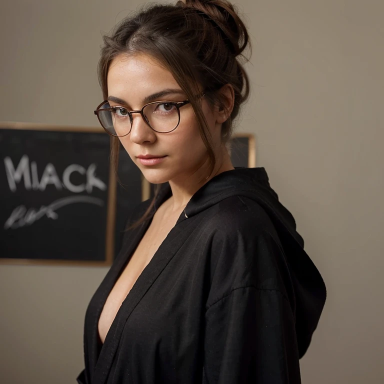 Create for me a full-length brunette woman with honey-colored eyes and rounded cheeks, wearing a teacher's robe, hair tied in a bun and wearing black square-rimmed glasses.