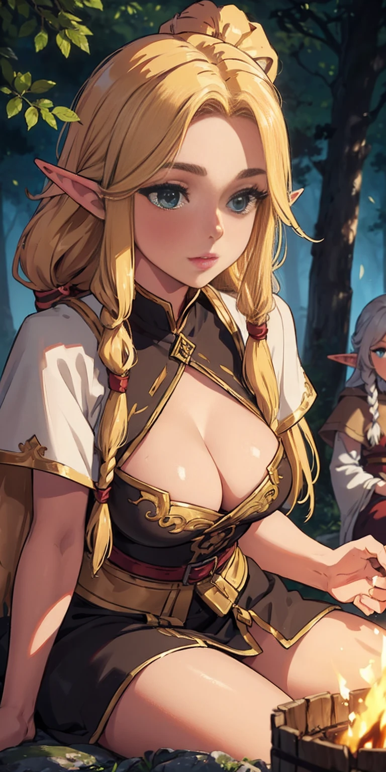 (masterpiece, best quality), (finely detailed beautiful eyeinely detailed eyes and detailed face), (scenery: 1.2), (extremely detailed CG, ultra-detailed, best shadow), beautiful concept illustration, (illustration), (extremely fine and beautiful), (perfect details), (depth of field), midele wide shot, 
BREAK (3 elf girls:1.2), 18yo, elf ears, (shine skin), thick natural parallel eyebrows, natural lips, glossy lips, blond hair, (((dreadlocks))), green eyes, 
BREAK ((night time)), ((big bonfire)), girls sitting around bonfire, (outdoororest, The gentle rustling of leaves in the breeze provided a soothing soundtrack to the serene forest ambiance, lora:more_details:0.5>, tarutaru, 、