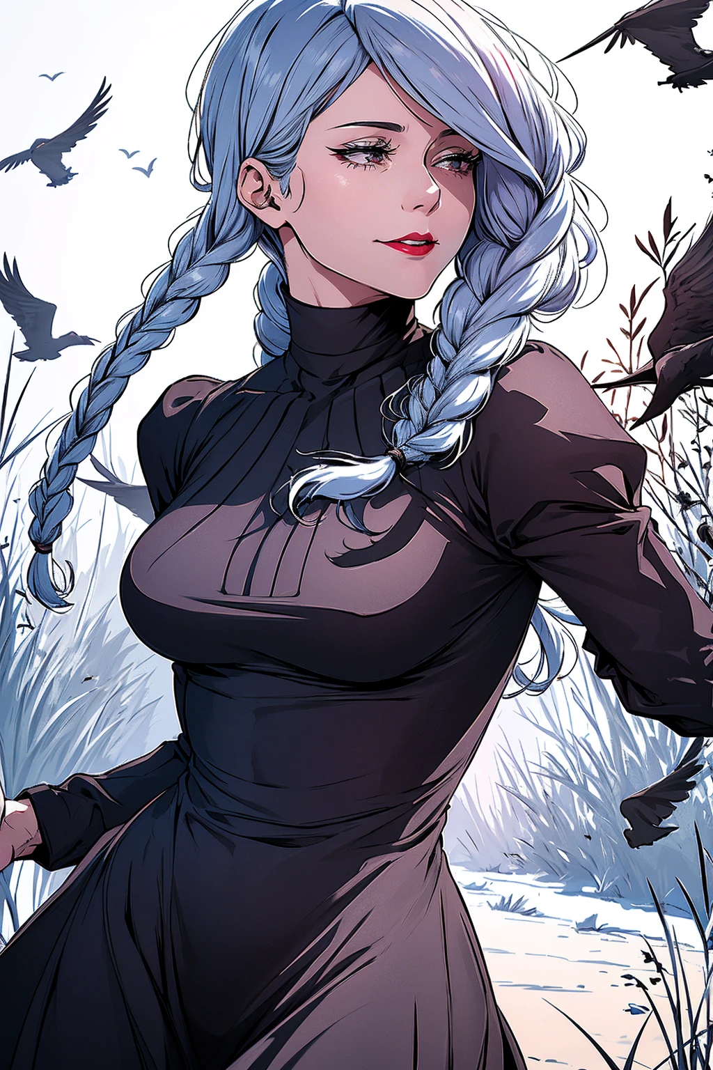 {-erro_de_anatomia:1.0} ultra realistic 8k cg, masterpiece, ((ultra detailed background, delicate pattern, intricate detail)), (highly detailed, fine detailest quality, 1girl, (photorealistic:1.4),beautiful lighting, absurdres, RAW photo, film grain, ((medium breasts, slim girl)), 1girl, MeiMei, solo, long hair, braid, dress, hair over one eye, smile, long sleeves, braided bangs, black dress, braided ponytail, white hair, puffy sleeves, holding, turtleneck dress, makeup, grey hair, red lips, one eye covered, lipstick, parted lips, single braid, (complex detailed background, outside, environment, cowboy shot, from behind), black dress, Mei Mei from Jujutsu Kaisen, crows flying