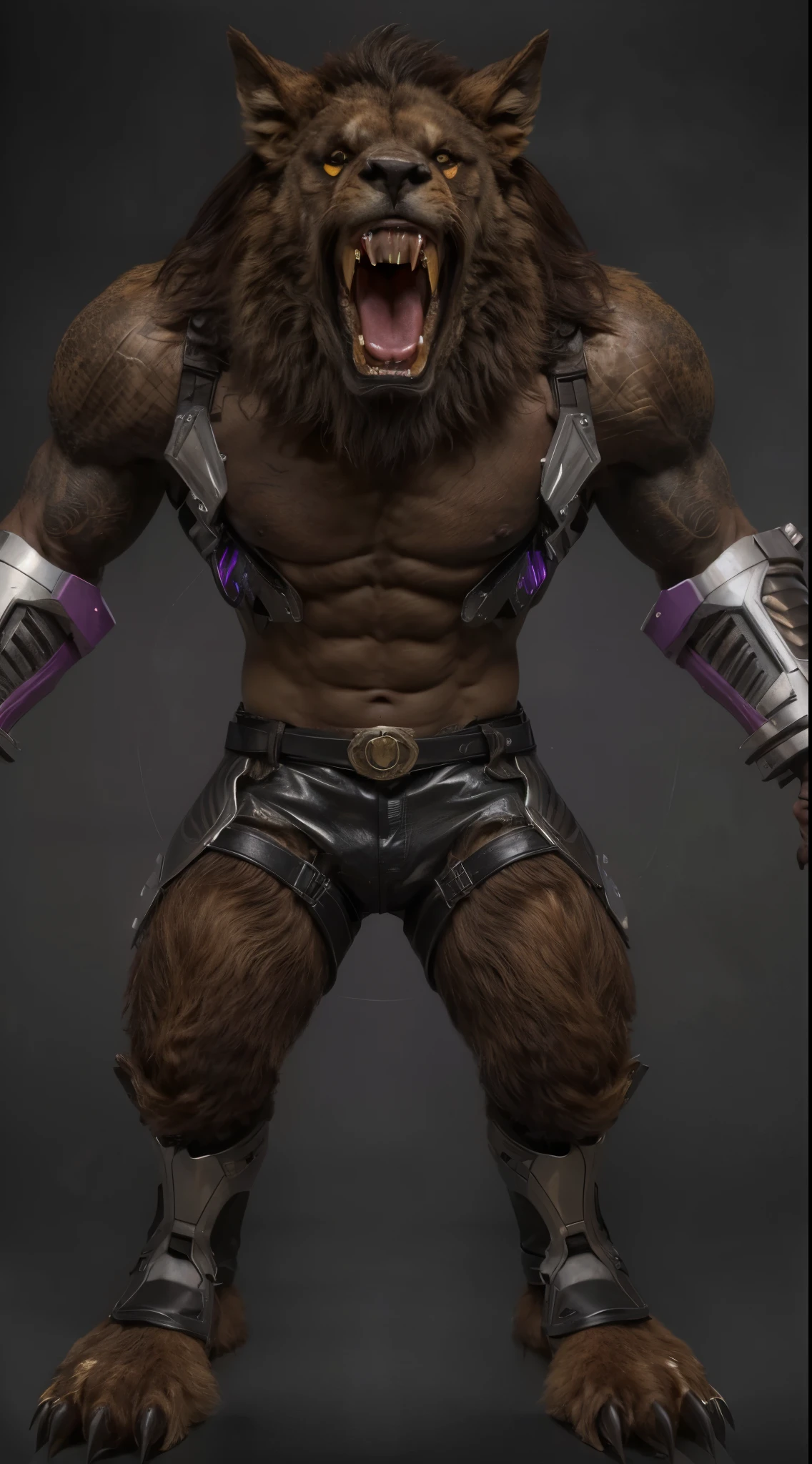 (masterpiece),(best quality:1.0),(ultra high resolution:1.0),monster , were wolf, yellow eyes, fangs, claws, short, lion mane, facial focus, wolfteam, 8k wallpaper, full body
