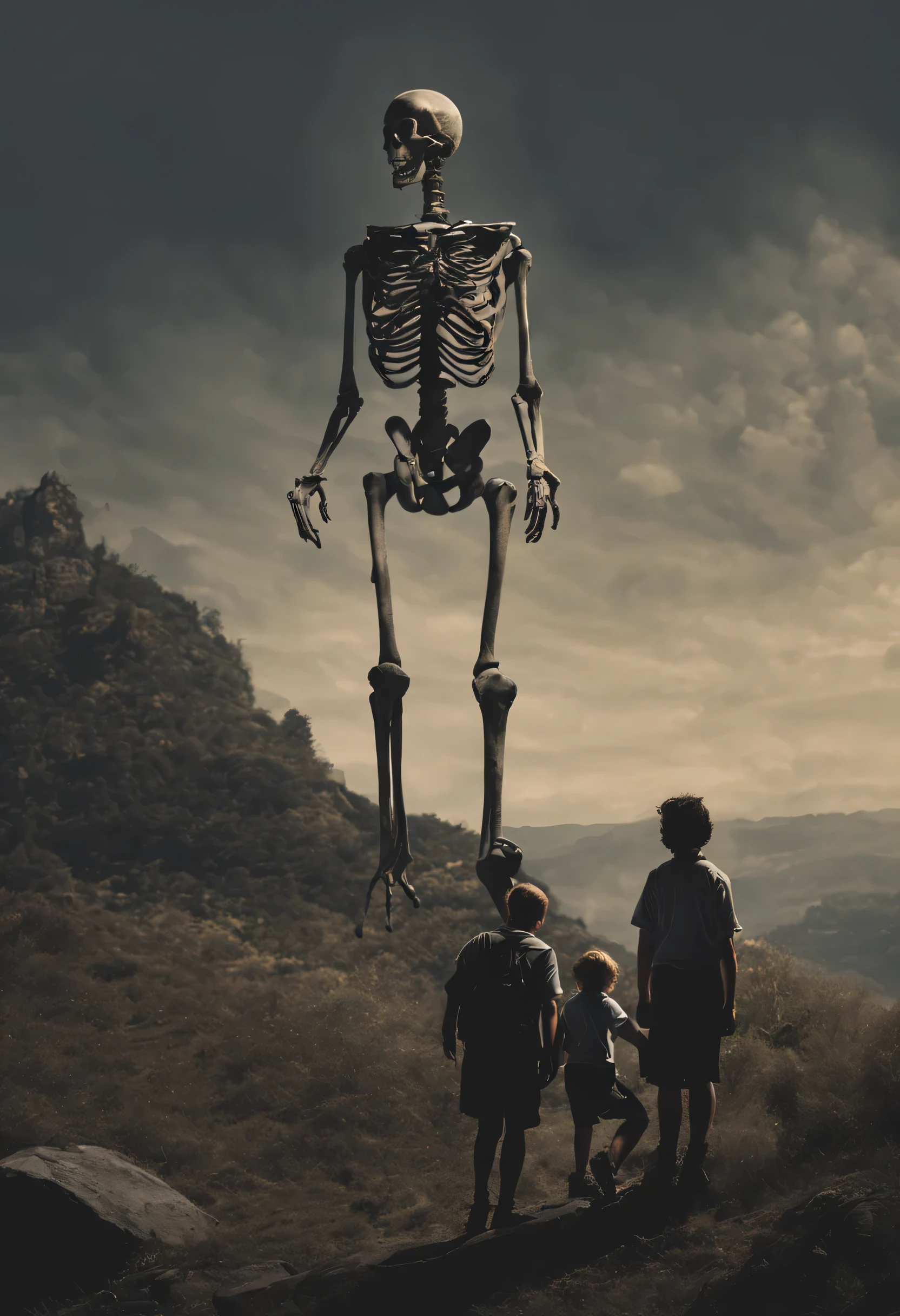 Create an intriguing scene with human adults and children positioned next to a large gray alien with black eyes pointing skyward in a shadowy environment located on a bare, ancient-style hill. A imagem deve ser desenhada no estilo de uma fotografia antiga, with a retro-realistic feel to evoke a sense of nostalgia. Highlight the expression of surprise and caution on the faces of adults and peasants and the curiosity mixed with fear on young people, enquanto todos olham para o imponente esqueleto. Capture a atmosfera sombria da antiga natureza selvagem, creating a visually engaging composition that inspires a range of emotions and questions
