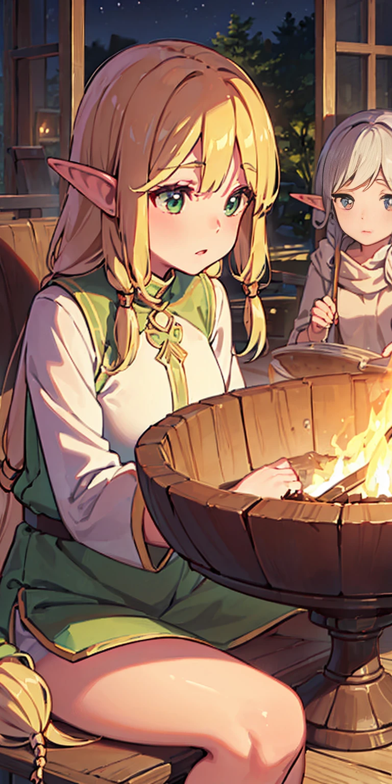 (masterpiece, best quality), (finely detailed beautiful eyeinely detailed eyes and detailed face), (scenery: 1.2), (extremely detailed CG, ultra-detailed, best shadow), beautiful concept illustration, (illustration), (extremely fine and beautiful), (perfect details), (depth of field), midele wide shot,
BREAK (3 elf girls:1.2), 18yo, elf ears, (shine skin), thick natural parallel eyebrows, natural lips, glossy lips, blond hair, (((dreadlocks))), green eyes,
BREAK ((night time)), ((big bonfire)), girls sitting around bonfire, (outdoororest, The gentle rustling of leaves in the breeze provided a soothing soundtrack to the serene forest ambiance, lora:more_details:0.5>, tarutaru, 、