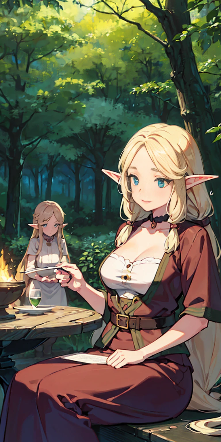 (masterpiece, best quality), (finely detailed beautiful eyeinely detailed eyes and detailed face), (scenery: 1.2), (extremely detailed CG, ultra-detailed, best shadow), beautiful concept illustration, (illustration), (extremely fine and beautiful), (perfect details), (depth of field), midele wide shot, 
BREAK (3 elf girls:1.2), 18yo, elf ears, (shine skin), thick natural parallel eyebrows, natural lips, glossy lips, blond hair, (((dreadlocks))), green eyes, 
BREAK ((night time)), ((big bonfire)), girls sitting around bonfire, (outdoororest, The gentle rustling of leaves in the breeze provided a soothing soundtrack to the serene forest ambiance, lora:more_details:0.5>, tarutaru, 、