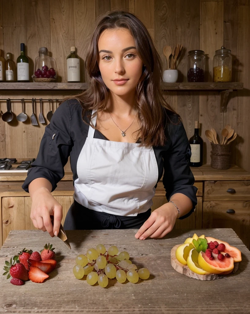 ((meilleure qualité)),((chef-d'œuvre)),((réaliste)),(détaillé), adulte, sexy, rugueux, flirt, (recherche-en-camerestido de sol, Fleurs sauvages du champ, Montagnes suisses , ,((chef-d'œuvre)), planche de bois avec des fruits décorant la table, Une femme tient une planche de bois avec des fruits et du vin, Femme à la ferme,