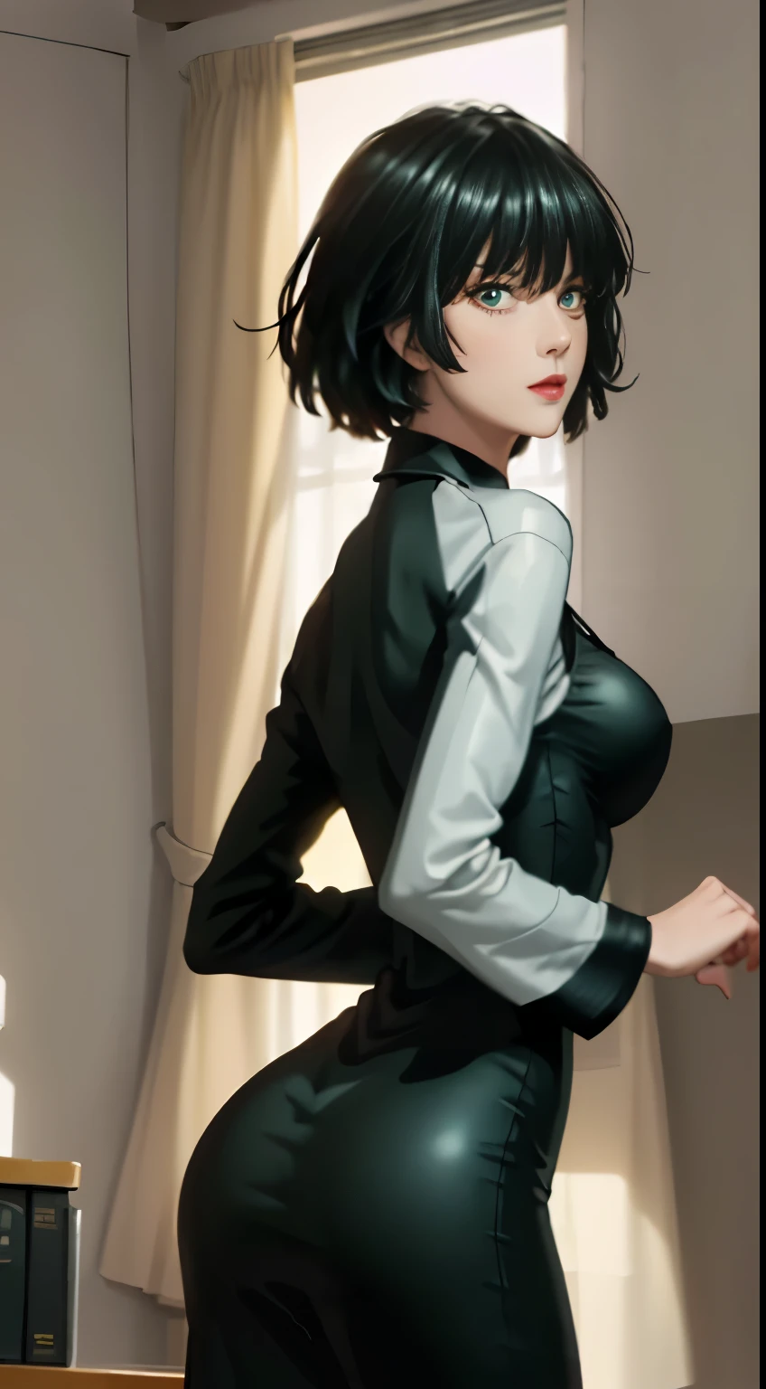 tmasterpiece,best qualtiy,ultra - detailed,illustratio,epic lighting,cinematic compositions,isometry,1girll,ssmile,Redlip,独奏,adolable,green eyes,green color hair,By bang,captivating posture,inside in room,peeking out upper body,Be red in the face,irritated expresion,Shut your mouth,(8K:1.1), small boobs, black dress with sleeves, short hair, legging,((perfect curve hip, ass)), emphasize ass, ass highlighted