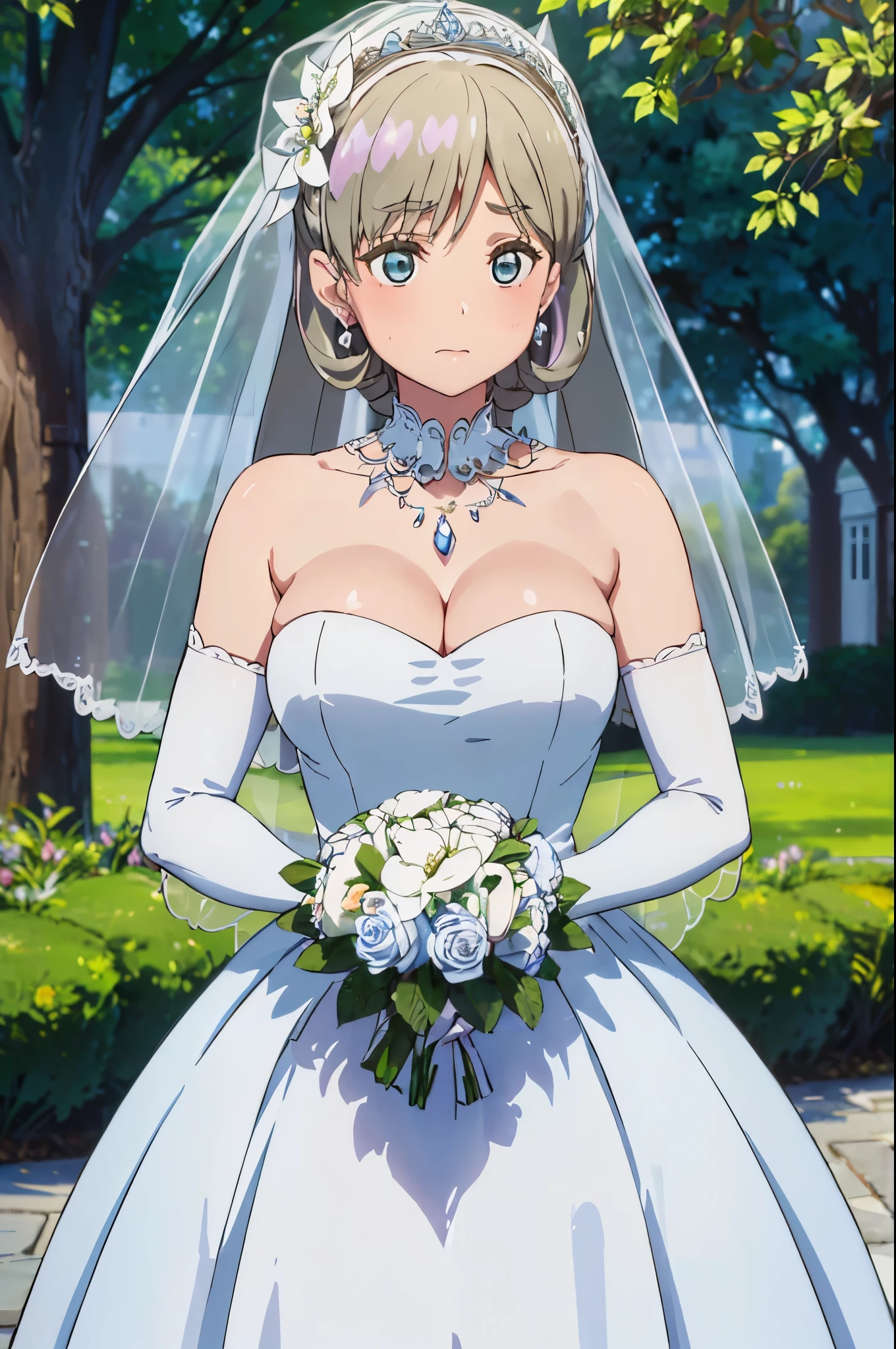 (((Pixel perfect, Perfect details))), alone, 1 girl, keketang, Close-up of beautiful bride wearing beautiful wedding dress,Gurwitz,(bridal veil:1.5），（Transparent short veil：1.5），Blushing face，Head flower，headgear，（tube top wedding dress：1.5），（Silk dress：1.2）,（Strapless wedding dress：1.5）,pure white dress，necklace，earrings，(large breasts:1.3)，Deep V peach heart collar wedding dresangs，lipstick，（lace gloves：1.3）,whole body照,High detail RAW color art,Long white dress，whole body，Place your hands behind your back，