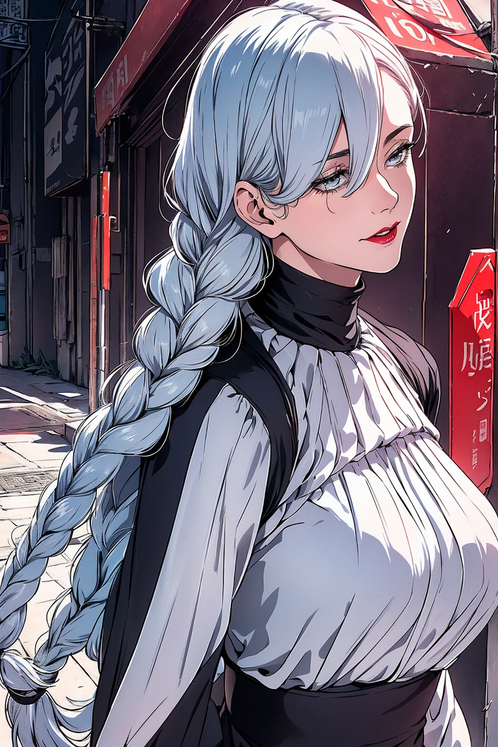 {-erro_de_anatomia:1.0} ultra realistic 8k cg, masterpiece, ((ultra detailed background, delicate pattern, intricate detail)), (highly detailed, fine detailest quality, 1girl, (photorealistic:1.4),beautiful lighting, absurdres, RAW photo, film grain, ((medium breasts, slim girl)), 1girl, MeiMei, solo, long hair, braid, dress, hair over one eye, smile, long sleeves, braided bangs, black dress, braided ponytail, white hair, puffy sleeves, holding, turtleneck dress, makeup, grey hair, red lips, one eye covered, lipstick, parted lips, single braid, (complex detailed background, outside, environment, cowboy shot, from behind), black dress, Mei Mei from Jujutsu Kaisen, crows flying