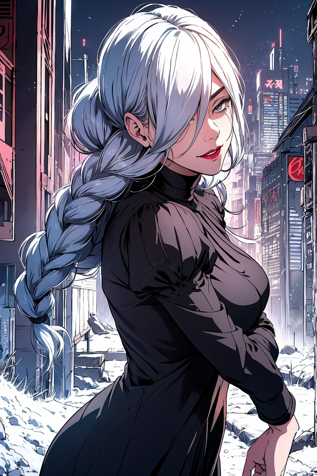 {-erro_de_anatomia:1.0} ultra realistic 8k cg, masterpiece, ((ultra detailed background, delicate pattern, intricate detail)), (highly detailed, fine detailest quality, 1girl, (photorealistic:1.4),beautiful lighting, absurdres, RAW photo, film grain, ((medium breasts, slim girl)), 1girl, MeiMei, solo, long hair, braid, dress, hair over one eye, smile, long sleeves, braided bangs, black dress, braided ponytail, white hair, puffy sleeves, holding, turtleneck dress, makeup, grey hair, red lips, one eye covered, lipstick, parted lips, single braid, (complex detailed background, outside, environment, cowboy shot, from behind), black dress, Mei Mei from Jujutsu Kaisen, crows flying