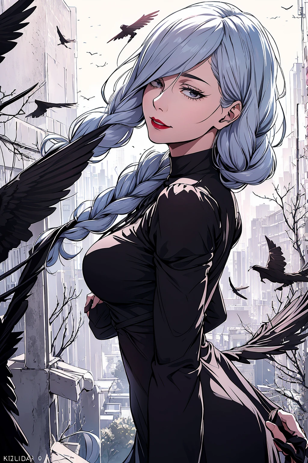{-erro_de_anatomia:1.0} ultra realistic 8k cg, masterpiece, ((ultra detailed background, delicate pattern, intricate detail)), (highly detailed, fine detailest quality, 1girl, (photorealistic:1.4),beautiful lighting, absurdres, RAW photo, film grain, ((medium breasts, slim girl)), 1girl, MeiMei, solo, long hair, braid, dress, hair over one eye, smile, long sleeves, braided bangs, black dress, braided ponytail, white hair, puffy sleeves, holding, turtleneck dress, makeup, grey hair, red lips, one eye covered, lipstick, parted lips, single braid, (complex detailed background, outside, environment, cowboy shot, from behind), black dress, Mei Mei from Jujutsu Kaisen, crows flying
