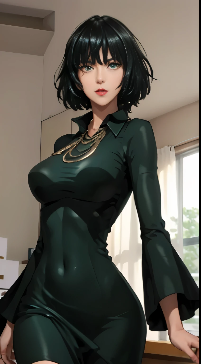 tmasterpiece，best qualtiy，ultra - detailed，illustratio，epic lighting，cinematic compositions，isometry，1girll，ssmile，Redlip，独奏，adolable，green eyes，green color hair，By bang，captivating posture，inside in room，peeking out upper body，Be red in the face，irritated expresion，Shut your mouth，(8K:1.1), small ?????, black dress with sleeves, short hair, legging,((perfect curve hip, ???)), emphasize ???, ??? highlighted, big rounded ???