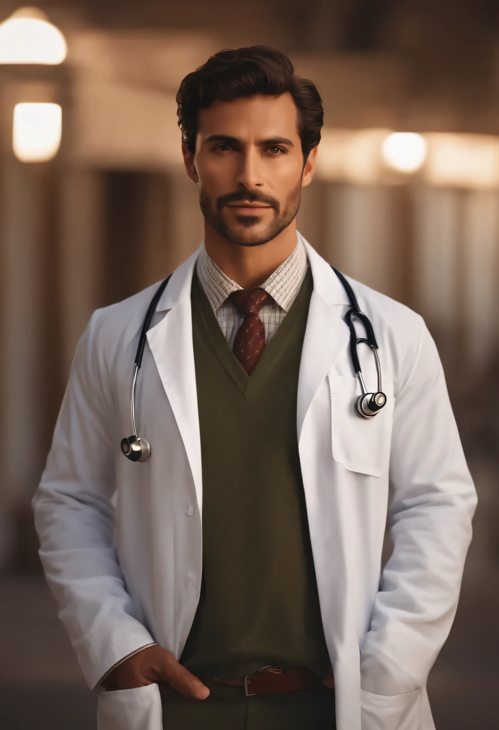 Handsome doctor in naturally super realistic latin coat, realismo, 4k, complete in high definition, olhar penetrante, realista