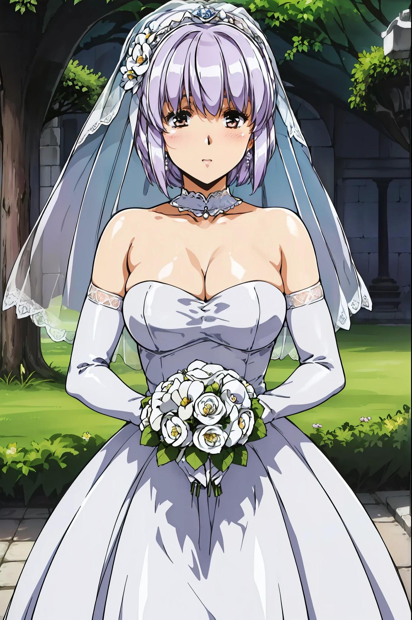 
Light_purple_hair,Bangs,short_hair,
 Close-up of beautiful bride wearing beautiful wedding dress,Gurwitz,(bridal veil:1.5），（Transparent short veil：1.5），Blushing face，Head flower，headgear，（tube top wedding dress：1.5），（Silk dress：1.2）,（Strapless wedding dress：1.5）,pure white dress，necklace，earrings，(large breasts:1.3)，Deep V peach heart collar wedding dresangs，lipstick，（lace gloves：1.3）,whole body照,High detail RAW color art,Long white dress，whole body，Place your hands behind your back，