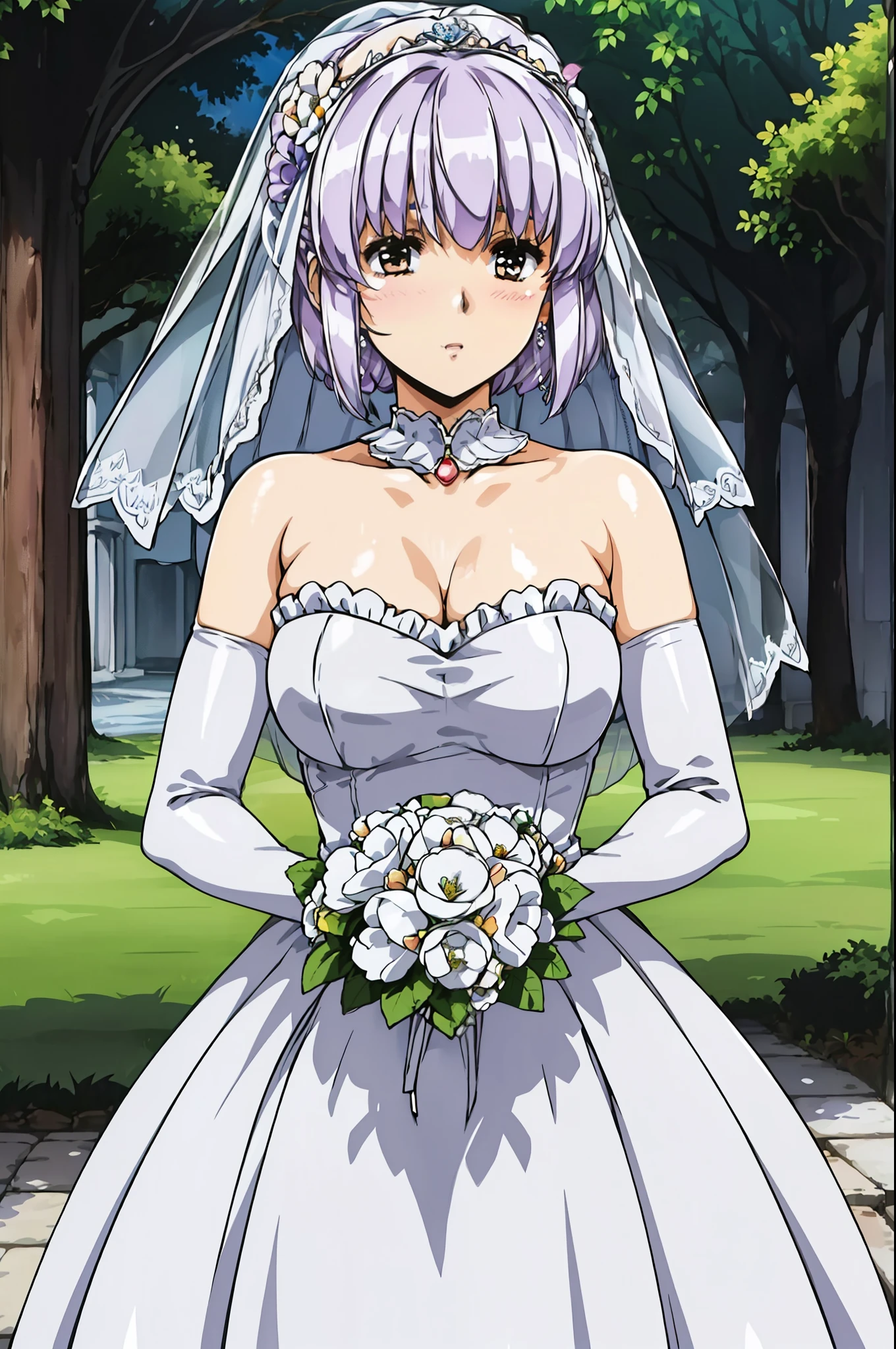 
Light_purple_hair,Bangs,short_hair,
 Close-up of beautiful bride wearing beautiful wedding dress,Gurwitz,(bridal veil:1.5），（Transparent short veil：1.5），Blushing face，Head flower，headgear，（tube top wedding dress：1.5），（Silk dress：1.2）,（Strapless wedding dress：1.5）,pure white dress，necklace，earrings，(large breasts:1.3)，Deep V peach heart collar wedding dresangs，lipstick，（lace gloves：1.3）,whole body照,High detail RAW color art,Long white dress，whole body，Place your hands behind your back，