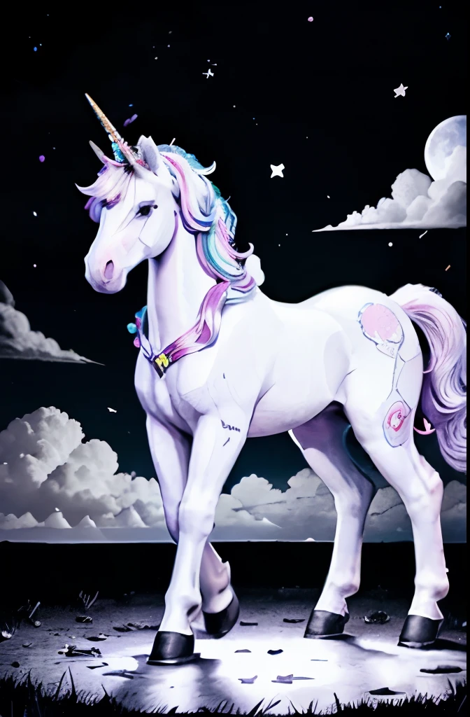 B/W COLORING PAGE celestial UNICORN HORSE FULL BODY, dark NIGHT BACKGROUND , WHITE CLOUDS moon