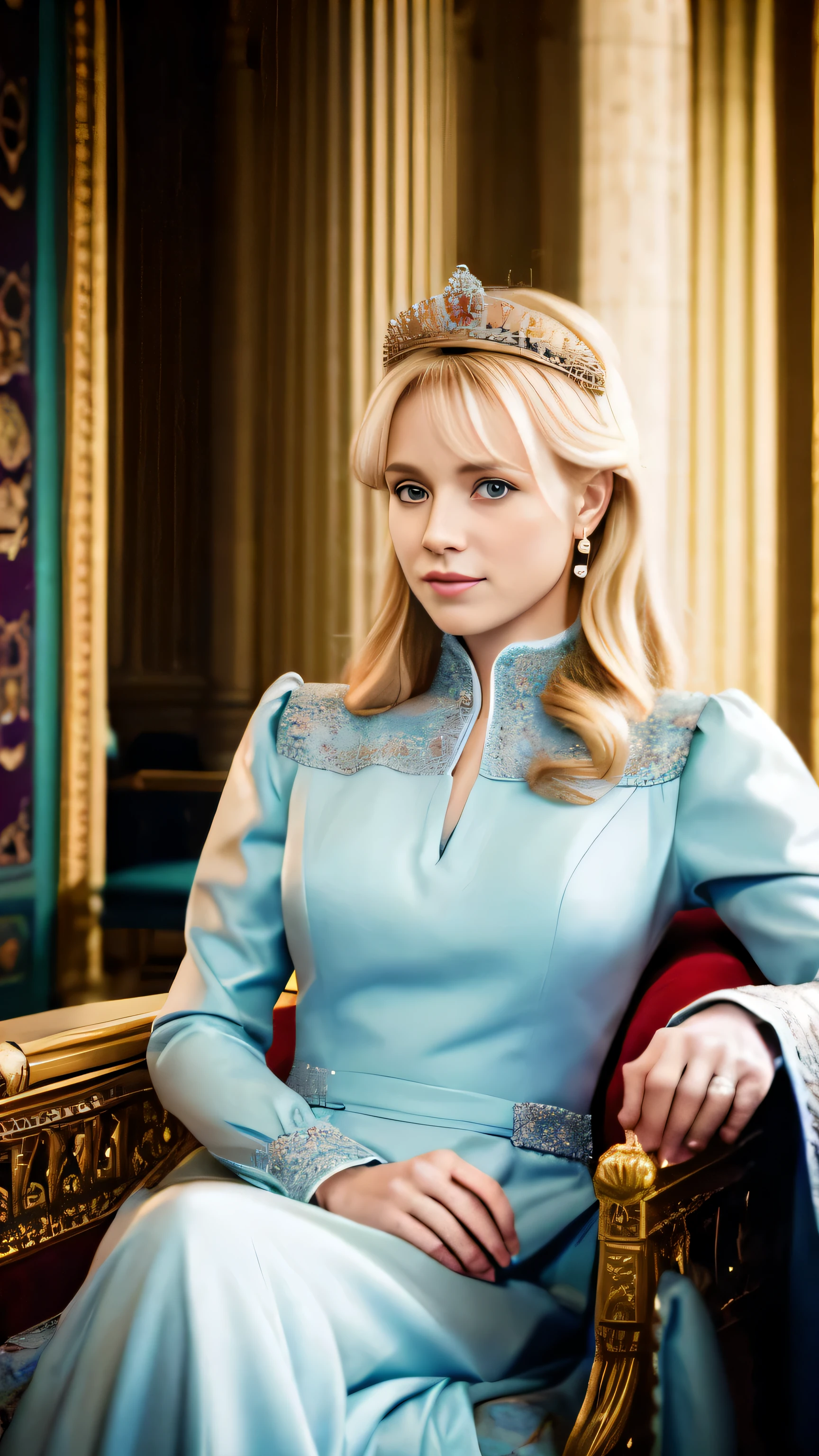 AJC style, Beautiful woman, blonde, sitting, royal familyの衣装, royal family, medieval setting