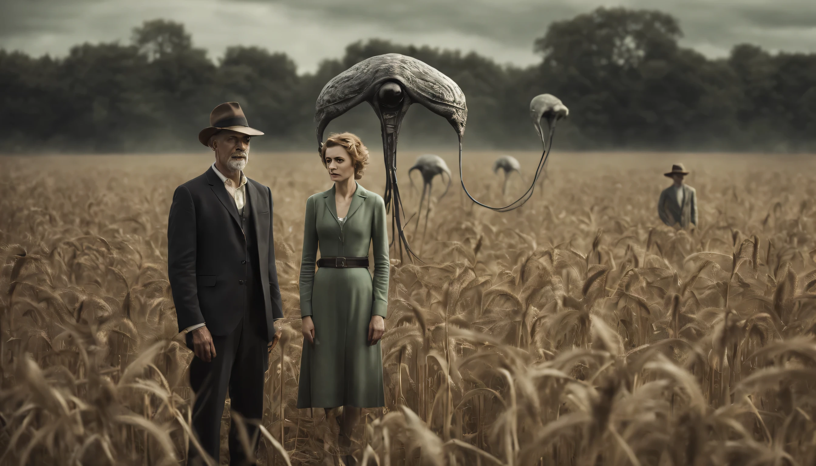 Compose an eye-catching scene featuring a tall, scary alien alongside farm people in an open farm field. Create the image in an ultra-realistic old retro style, reminiscente de fotografia vintage. Capture the stark contrast between the alien's imposing presence and the rural surroundings, emphasizing the disbelief and admiration on the faces of the rural people. Use the open country environment to increase the feeling of isolation and vulnerability, creating a visually stunning and thought-provoking composition that blends the surreal with the familiar