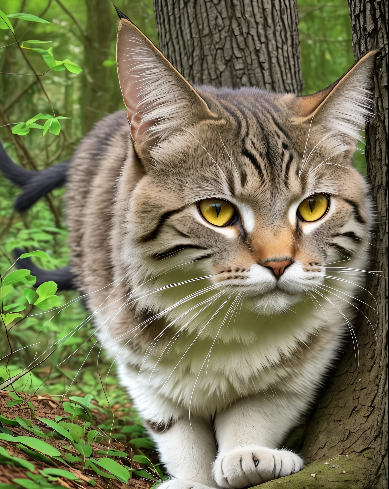 A cat in a forest, rotating its ears 180 degrees while focusing on attentively towards a rustling bush, natural woodland background, hyper-realistic. --auto --s2