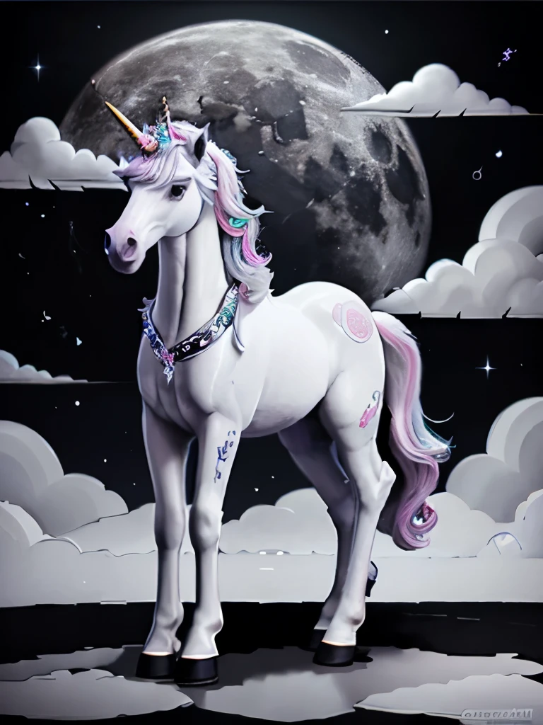 B/W COLORING PAGE celestial UNICORN HORSE FULL BODY, dark NIGHT BACKGROUND , WHITE CLOUDS moon