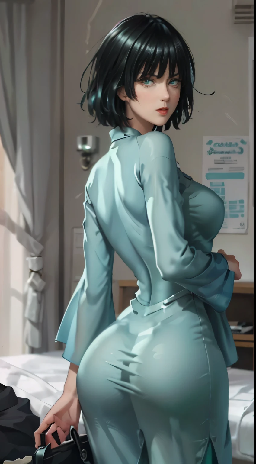 tmasterpiece,best qualtiy,ultra - detailed,illustratio,epic lighting,cinematic compositions,isometry,1girll,ssmile,Redlip,独奏,adolable,green eyes,green color hair,By bang,captivating posture,inside in room,peeking out upper body,Be red in the face,irritated expresion,Shut your mouth,(8K:1.1), small boobs, black dress with sleeves, short hair, legging,((perfect curve hip, ass)), emphasize ass, ass highlighted, big rounded ass