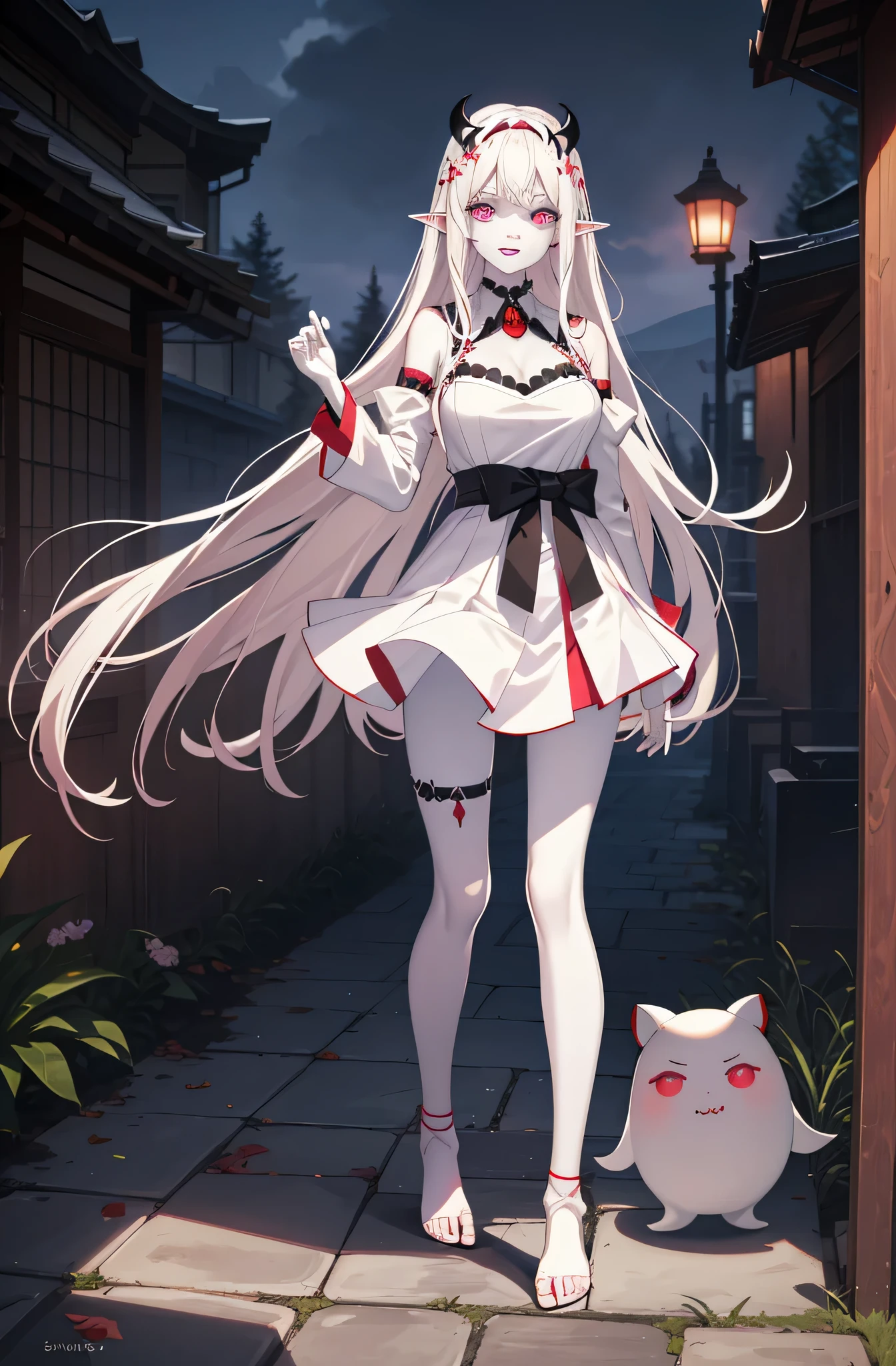 original character,8K, masterpiece, highest quality,become familiar with, Beautiful become familiar with Eyes,,cinematic composition,,1 vampire girl,alone,pink eyes,blonde hair, long hair,(((white skin like a vampire,white skin,colored skin))),鋭いteeth,big breasts,(Show belly,Naked belly),(Only white Serafuku,sleeveless,black collar),(cleavage),(Japanese school white skirt),barefoot,elf ears,blush,((standing in front a stones ruins in night,Cute ghosts around)),night,white skin,colored skin,crazy eyes,crazy smile, face with shadow,yandere, yandere trance,teeth,closed mouth,Upper body,head and Upper body,