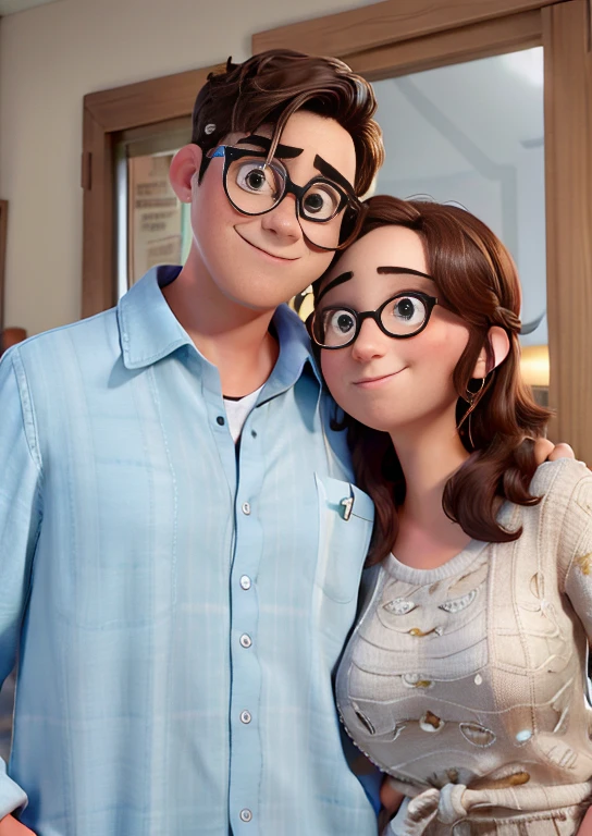 Cartaz do filme da Pixar de um casal de jovens amantes . A menina tem cabelos claros e olhos castanhos, o menino tem cabelo crespo, barba, Wears glasses and cap. 