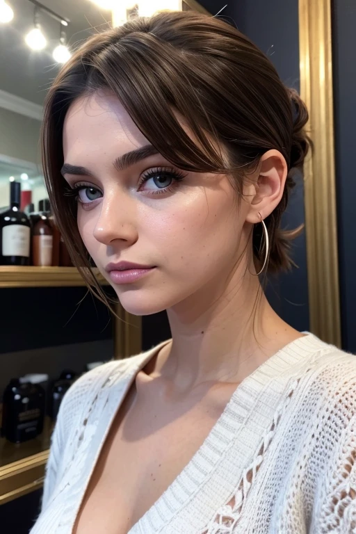 Belle fille, Marron_eyeeautiful mince adolescente de 18 ans, cheveux color [Brown highlights cheveux], [Pixie undercut] cheveux)), boucles d’oreilles, lèvres, Réaliste, taille étroite, charmant, pink lèvrestick, maquillage coloré, Cils longs, boucles d’oreilles, porter de l’eye-liner, peau claire, (mignon), (face détaillée), Yeux détaillés, Iris détaillé, corp magnifique, corps athlétique, abdominaux prononcés sur l&#39, PARIS, bar , veste hiver