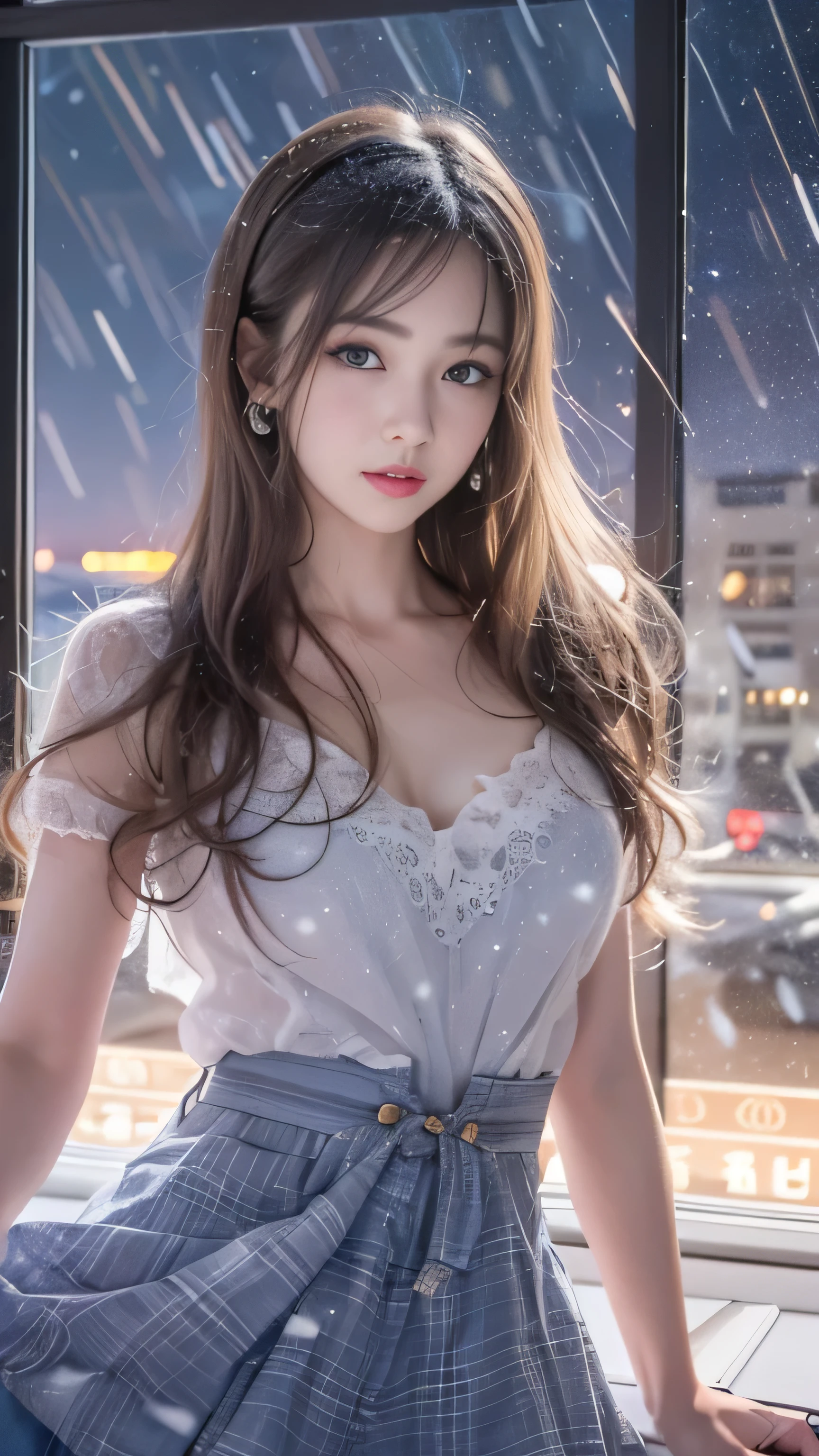 highest quality、High resolution、Super detailed、masterpiece、(Live shooting:1.5)、genuine:1.5、photogenuineistic:1.5、very delicate and beautiful、small details、1 female、(european:2)、Early 20s、(super beautiful)、(super beautiful顔)、(golden middle hair)、(blue eyes)、wearing makeup、Standing in the airport departure lobby at night、(The background is a night view of an airplane seen from the window and falling snow..)、(upper body shot)
