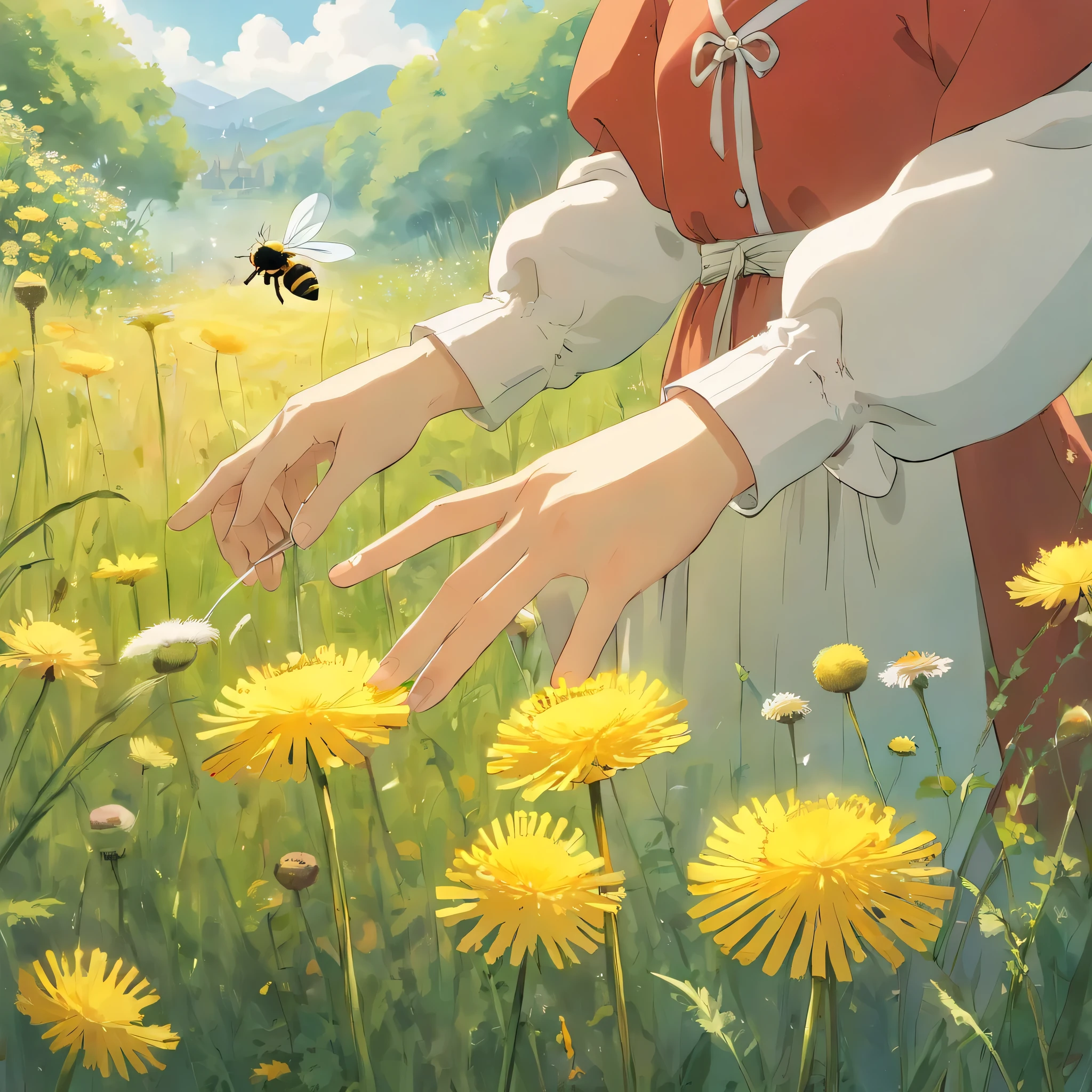 human hand with glove, hand smoothing a dandelion, hand touching a poppy, bow, tall grass, flowers, bees, sunny day,dandelion