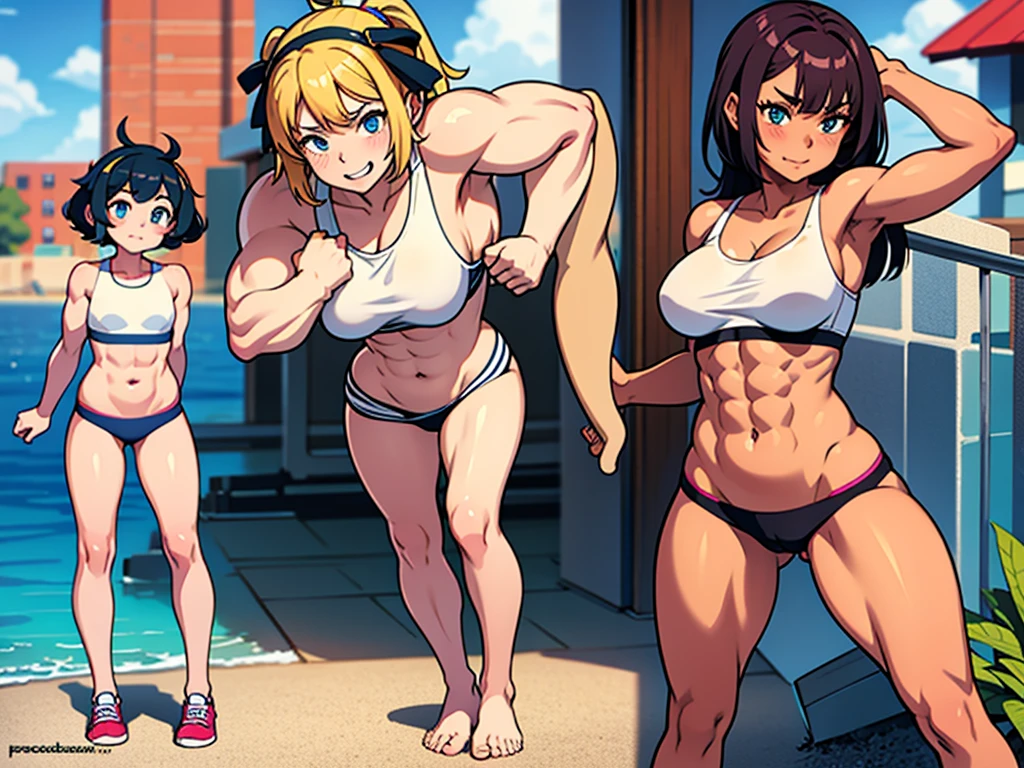 Sexy hot 13 year old girl wearing tight bra showing full body, strong arms, muscular thighs, ripped muscles, six pack abs, muscle arms, muscular