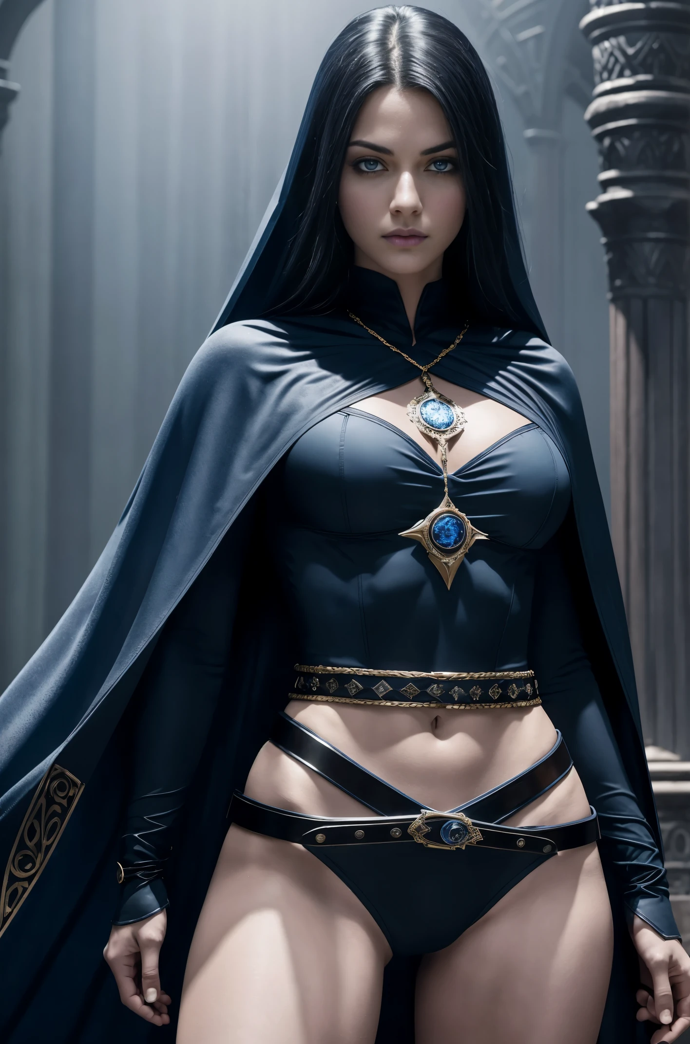 enjinight as Raven, solo cowboy shot, pale skin, black leotard, sexy hip and thighs, very large hips, dark blue cape, gold belt, jewels, medallion, athletic, looking at viewer, soft blue mist, fog, volumetric lighting, best quality, masterpiece, intricate details, sharp focus, hyper detailed