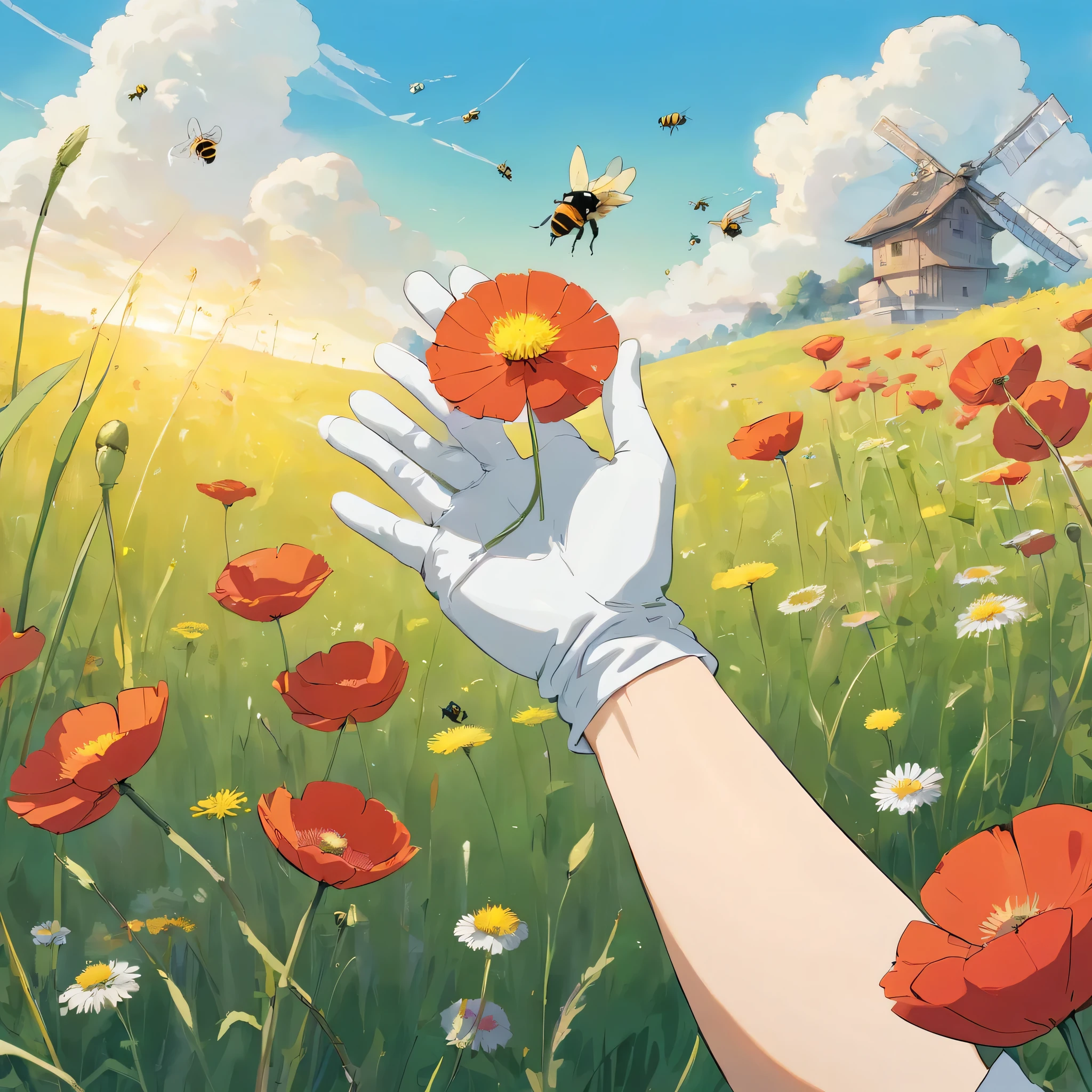 human hand with glove, hand smoothing a dandelion, hand touching a poppy, bow, tall grass, flowers, bees, sunny day,dandelion