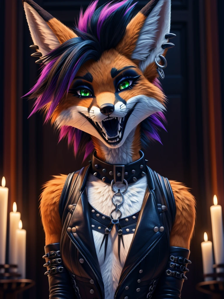 (best quality,4k,8k,highres,masterpiece:1.2),(furry; anthro fox), ultra-detailed,sexy,goth makeup,edgy punk hairstyle,detailed eyes and face,long eyelashes,gothic punk style,ear piercings,vibrant colors,excited,wet,horny,green eyes,orange fur