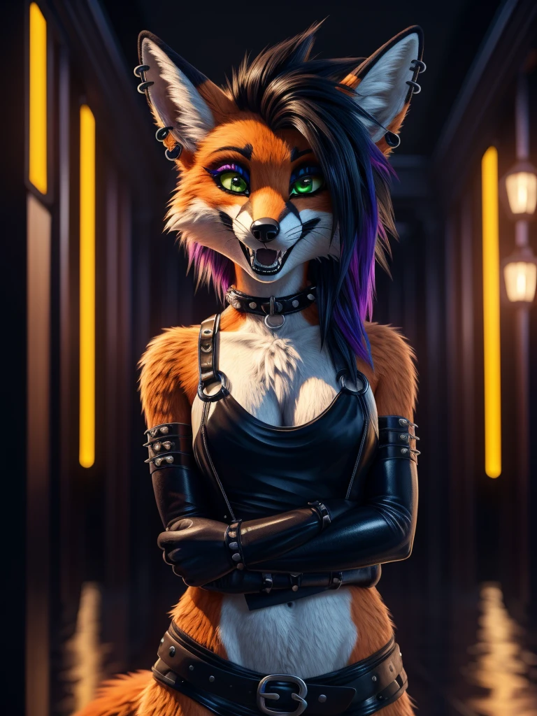 (best quality,4k,8k,highres,masterpiece:1.2),(furry; anthro fox), ultra-detailed,sexy,goth makeup,edgy punk hairstyle,detailed eyes and face,long eyelashes,gothic punk style,ear piercings,vibrant colors,excited,wet,horny,green eyes,orange fur