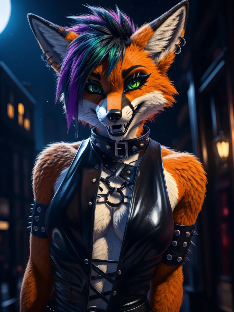 (best quality,4k,8k,highres,masterpiece:1.2),(furry; anthro fox), ultra-detailed,sexy,goth makeup,edgy punk hairstyle,detailed eyes and face,long eyelashes,gothic punk style,ear piercings,vibrant colors,excited,wet,horny,green eyes,orange fur