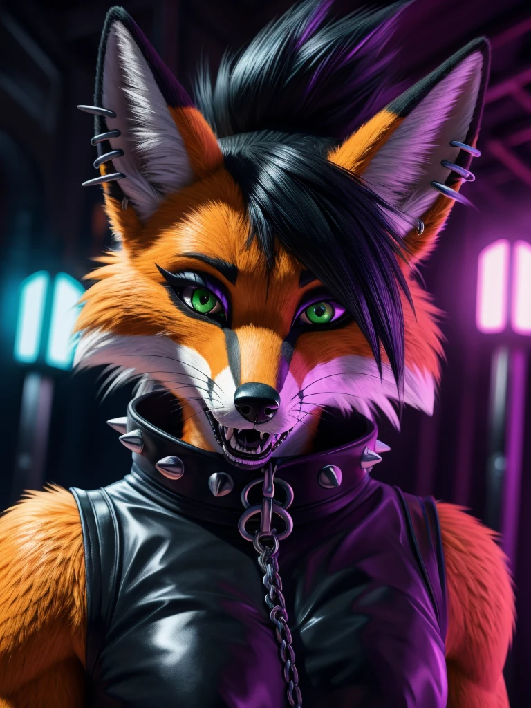 (best quality,4k,8k,highres,masterpiece:1.2),(furry; anthro fox), ultra-detailed,sexy,goth makeup,edgy punk hairstyle,detailed eyes and face,long eyelashes,gothic punk style,ear piercings,vibrant colors,excited,wet,horny,green eyes,orange fur