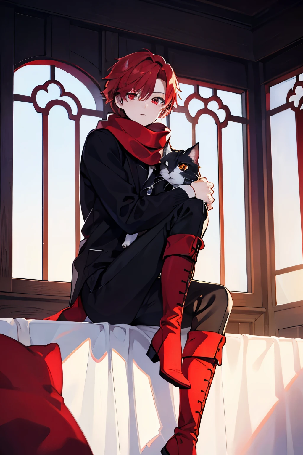 male red short hair red eyes Scarf sweater slacks Cuddle your cat sky at dawn Inside the building handsome man Knee-high boots masterpiece Highest image quality noise removal clear parts cinematic shadow Increased attractiveness of the eyes clear parts the shine of the eyes Draw eyelashes neatly perfect eyes detailed eyes Sharpen image quality Sharpen eye writing clear parts eye shape