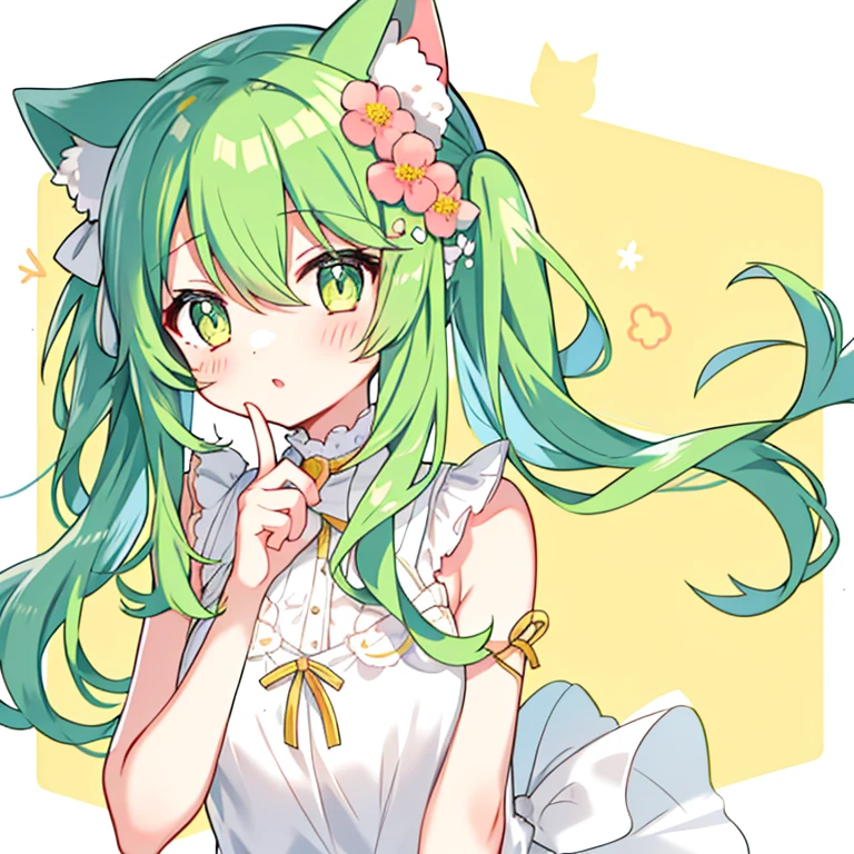 Cat ear，1 girl， Shy，Hold the cheek flower hair accessory，