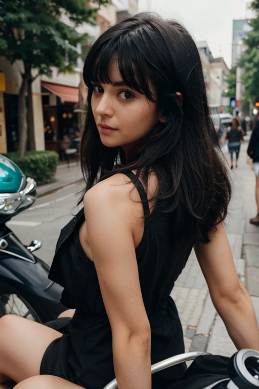 woman ridding on a dilldo, with shoulder length messy black hair and bangs