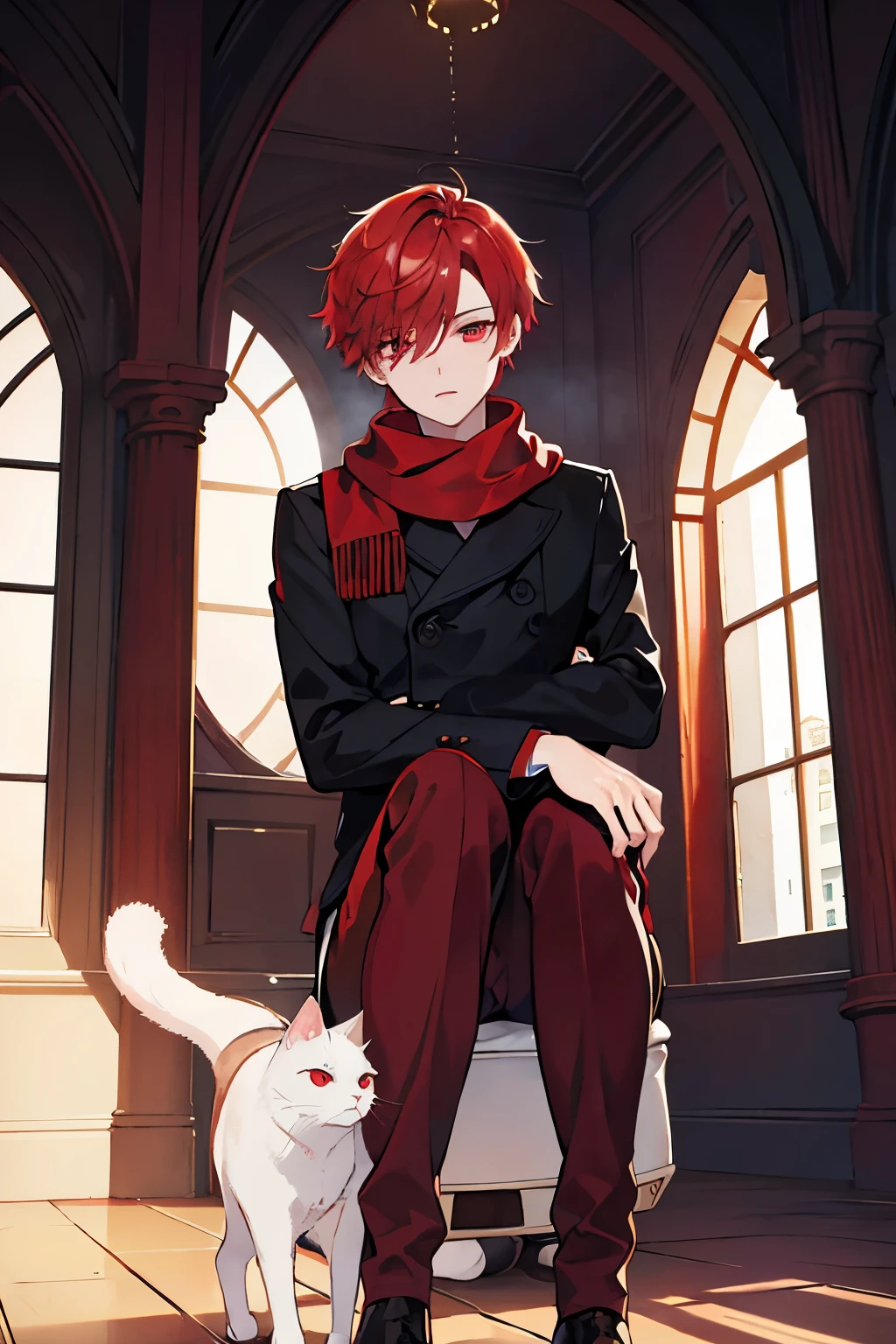male red short hair red eyes Scarf sweater slacks Cuddle your cat sky at dawn Inside the building handsome man Knee-high boots masterpiece Highest image quality noise removal clear parts cinematic shadow Increased attractiveness of the eyes clear parts the shine of the eyes Draw eyelashes neatly perfect eyes detailed eyes Sharpen image quality Sharpen eye writing clear parts eye shape