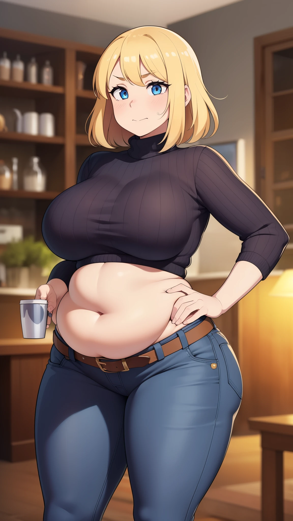 ((Masterpiece)), perfect anatomy, perfect shading, field of depth, (best quality), extremely delicate and beautiful, perfect lighting, detailed face, ultra cute face, cute, (cowboy shot 1.2), full body, (((1girl))), ((solo)), looking at viewer,
short hair, fluffy hair, blonde hair, blue eyes, Glasselush)), shy, nervous, embarrassed, (black turtleneck sweater 1.5), (jeans 1.2), belt, extremely tight clothes, medium breasts, ((wide hips)), ((thick thighs)), ((chubby)), belly bulge, belly hang, fat folds
coffee shop, intricate background, detailed background, hand on hip, holding coffee cup,
