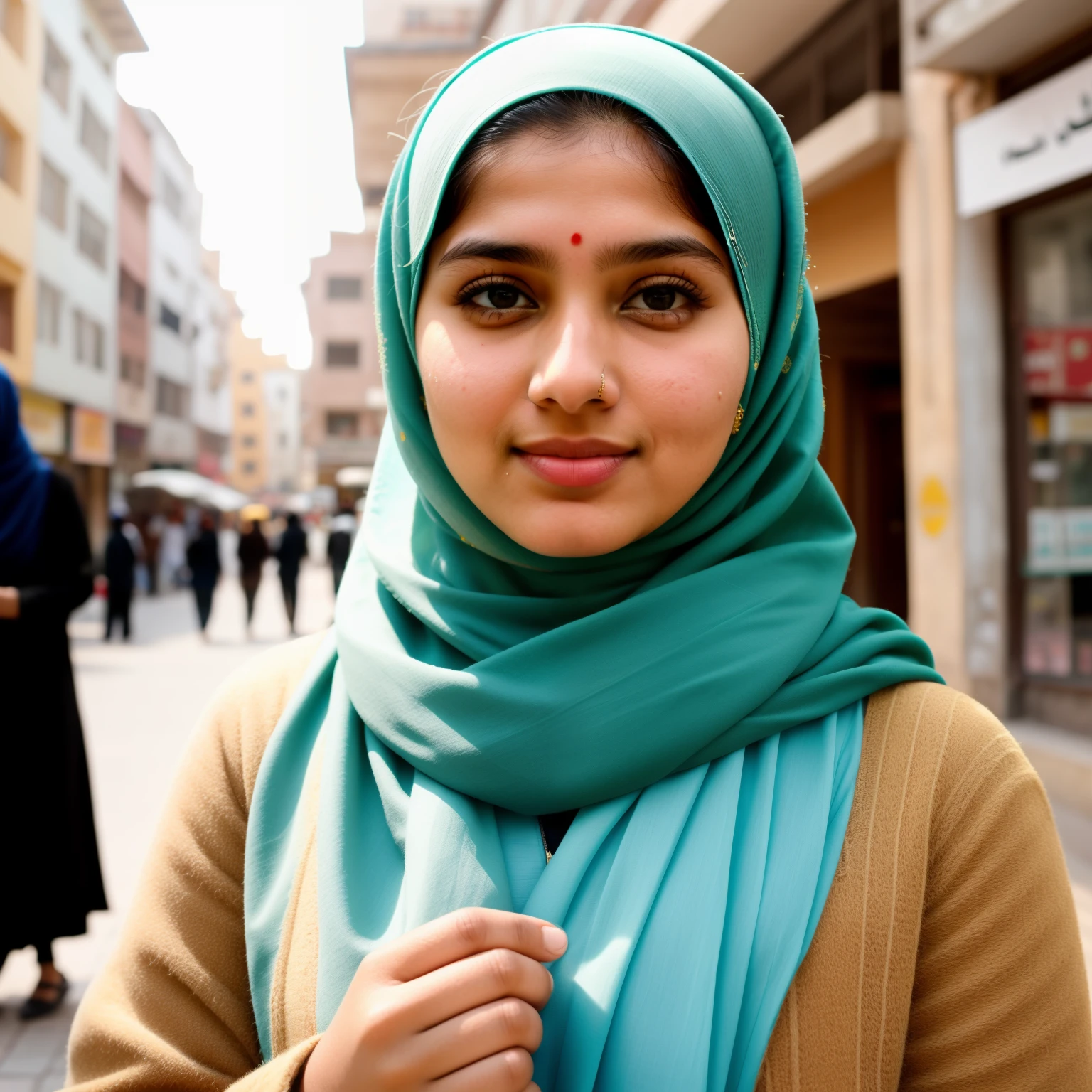 20 Years Old pakistani female Portrait Photo, wearing a hijab,cute,round face,noon, City Street, (High Detail Skin: 1.2),picture clicked from phone, Soft Light,medium Quality, Film Granule, Fujifilm XT3