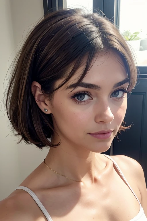 Belle fille, Marron_eyeeautiful mince adolescente de 18 ans, cheveux color [Brown highlights cheveux], [Pixie undercut] cheveux)), boucles d’oreilles, lèvres, Réaliste, taille étroite, charmant, pink lèvrestick, maquillage coloré, Cils longs, boucles d’oreilles, porter de l’eye-liner, peau claire, (mignon), (face détaillée), Yeux détaillés, Iris détaillé, corp magnifique, corps athlétique, abdominaux prononcés sur l&#39, short, soleil , decolté, basket 