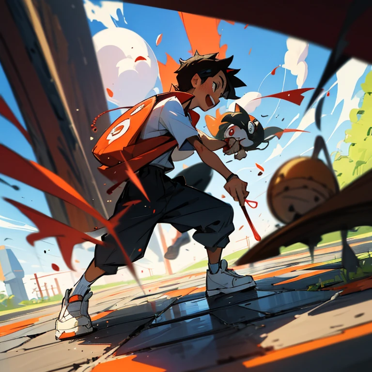masterpiece, best quality, cg, (view from front), anime styled illustration, 1boy, solo, outdoors, ash ketchum (pokemon trainer), black and white sneakers with red dots, (trample+1 small cockroach), Trampling cockroach, Cockroach Body Fluid, Crushed cockroach beneath the sole、Splashing cockroach fluids under the sole、Standing and trampling、Joyful expression、Looking down here、[ 🐛Trampling：1.2]:0.3. 