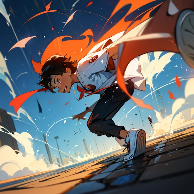masterpiece, best quality, cg, (view from front), anime styled illustration, 1boy, solo, outdoors, ash ketchum (pokemon trainer), black and white sneakers with red dots, (trample+1 small cockroach), Trampling cockroach, Cockroach Body Fluid, Crushed cockroach beneath the sole、Splashing cockroach fluids under the sole、Standing and trampling、Joyful expression、Looking down here、[ 🐛Trampling：1.2]:0.3. 