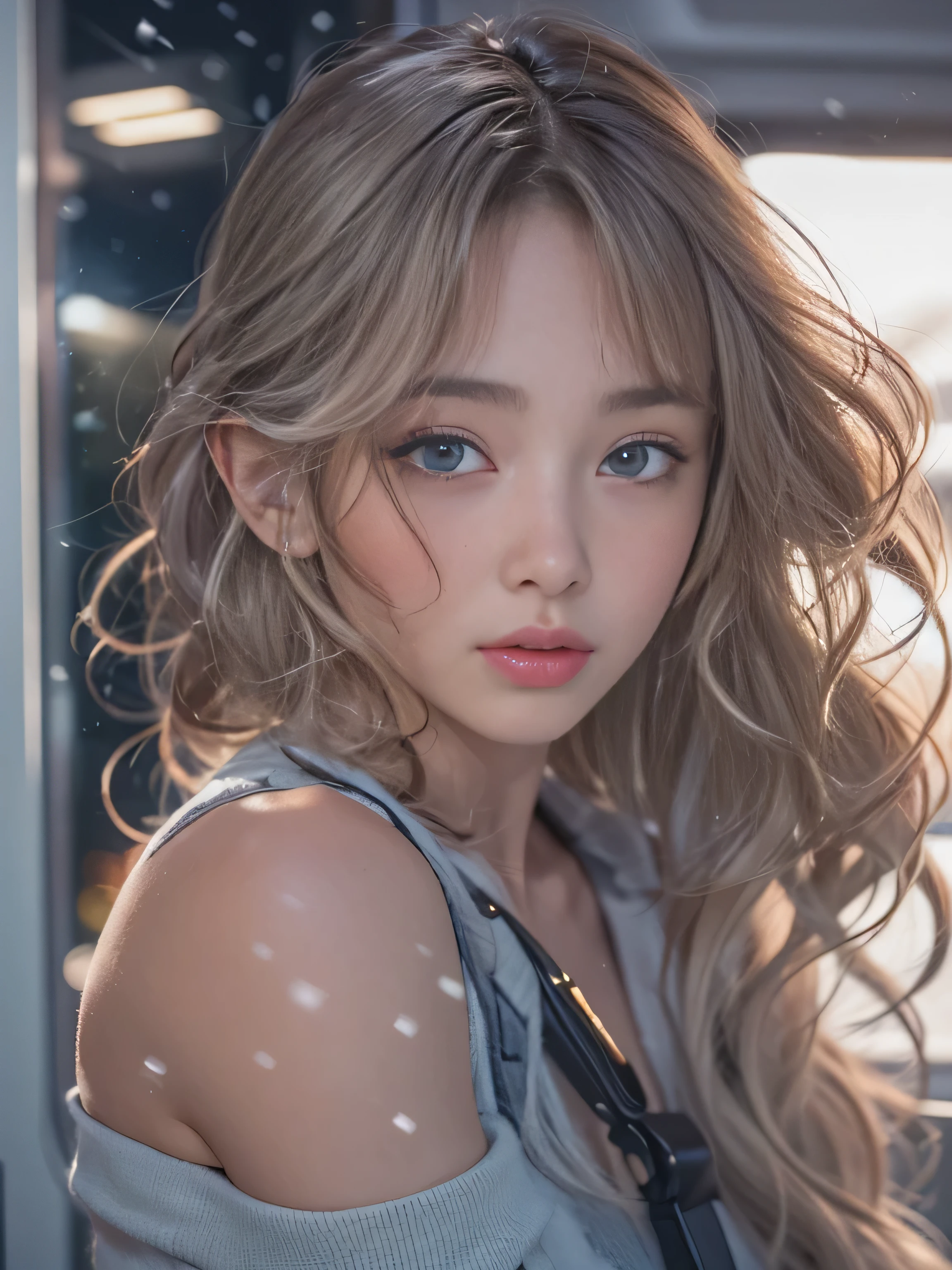 highest quality、High resolution、Super detailed、masterpiece、(Live shooting:1.5)、genuine:1.5、photogenuineistic:1.5、very delicate and beautiful、small details、1 female、(european:1.8)、Early 20s、(super beautiful)、(super beautiful顔)、(golden middle hair)、(blue eyes)、wearing makeup、(Standing in the airport departure lobby at night)、(The background is a night view of an airplane seen from the window and falling snow..)、(upper body shot)