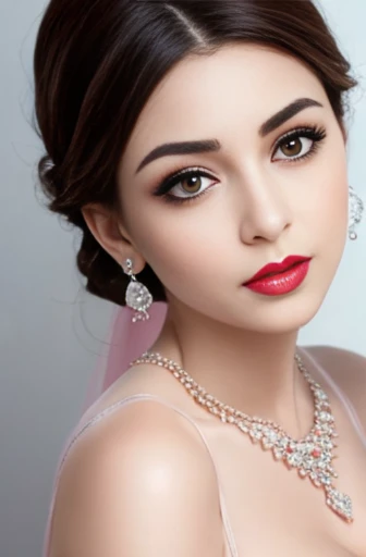 Lebanese woman, diamond dangling earrings, necklace, bracelets, small breasts, 40 years old, smokey eyes, cleavages, red lips, innocent face, pink fashion ball gown, stylish hairstyle, posing, modeling, sad face, embarrassed