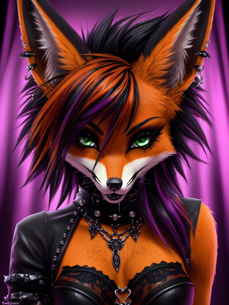 (best quality,4k,8k, highres, masterpiece:1.2), (furry; anthro fox), ultra-detailed, suggestive pose, sexy, goth makeup, edgy punk hairstyle, detailed eyes and face, long eyelashes, gothic punk style, ear piercings, vibrant colors, excited, wet, horny, green eyes, orange fur